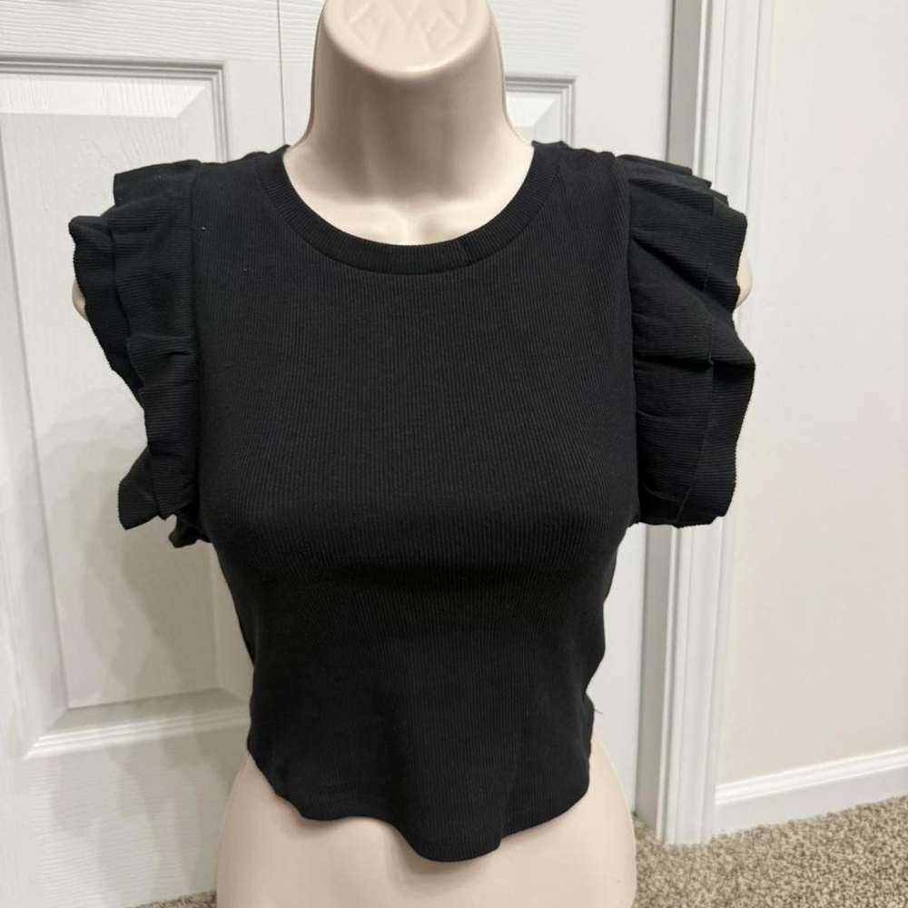Zara Black Ribbed Tank with Layered Ruffle Sleeves